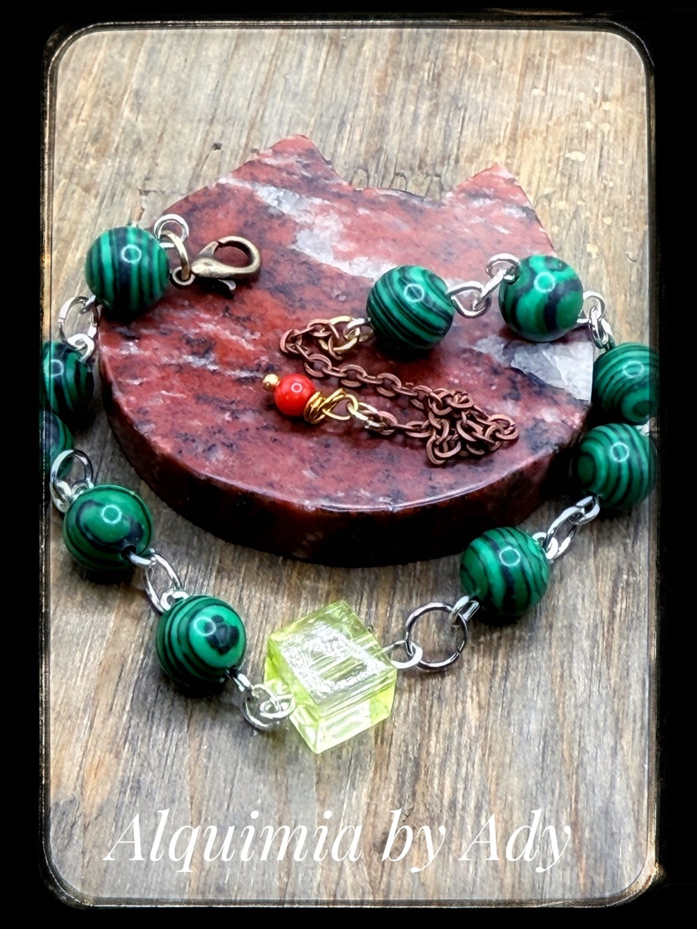 Malachite Green Striped Bead Bracelet with Yellow Cube Accent